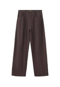 Pantalon large en tissu marron texturé avec fermeture devant par boutons et deux poches avant, présenté sur fond blanc.