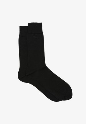 Par sorte midt-på-låret sokker med ribbede manchetter og subtil ton-i-ton logo nær toppen på hvid baggrund.