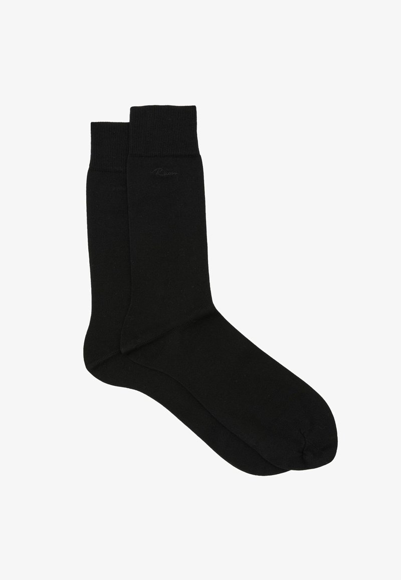 Paire de chaussettes noires unies mi-mollet avec poignets côtelés et logo tonal subtil près du haut sur fond blanc.