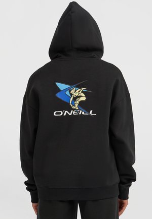 Black hooded sweatshirt featuring a large blue and yellow graphic on the back, with "O'Neill" printed below the design. Soft material.