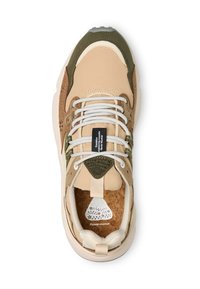 Beige sneaker with green and brown accents, suede and synthetic materials, textured cork insole, white laces, and logo tag on the tongue.