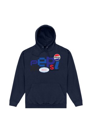 Navy blue hoodie with a front pocket, featuring a graphic design with various colored elements, including the Pepsi logo and text accents.