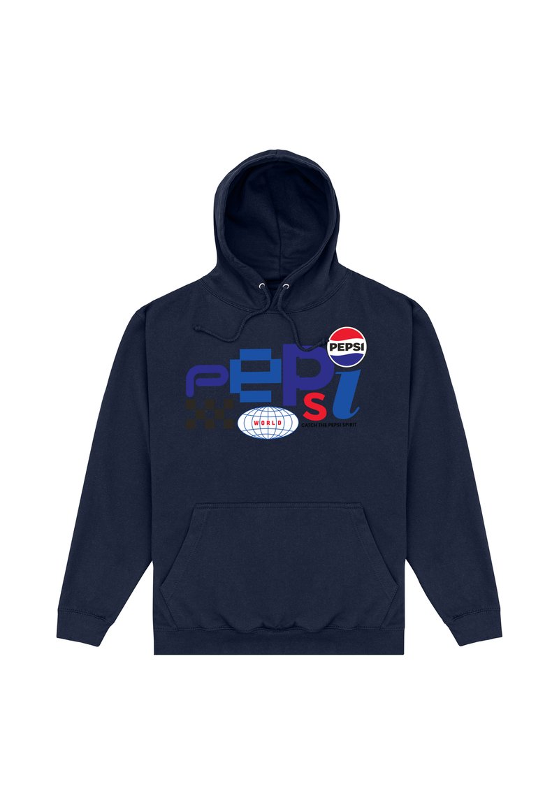 Navy blue hoodie with a front pocket, featuring a graphic design with various colored elements, including the Pepsi logo and text accents.