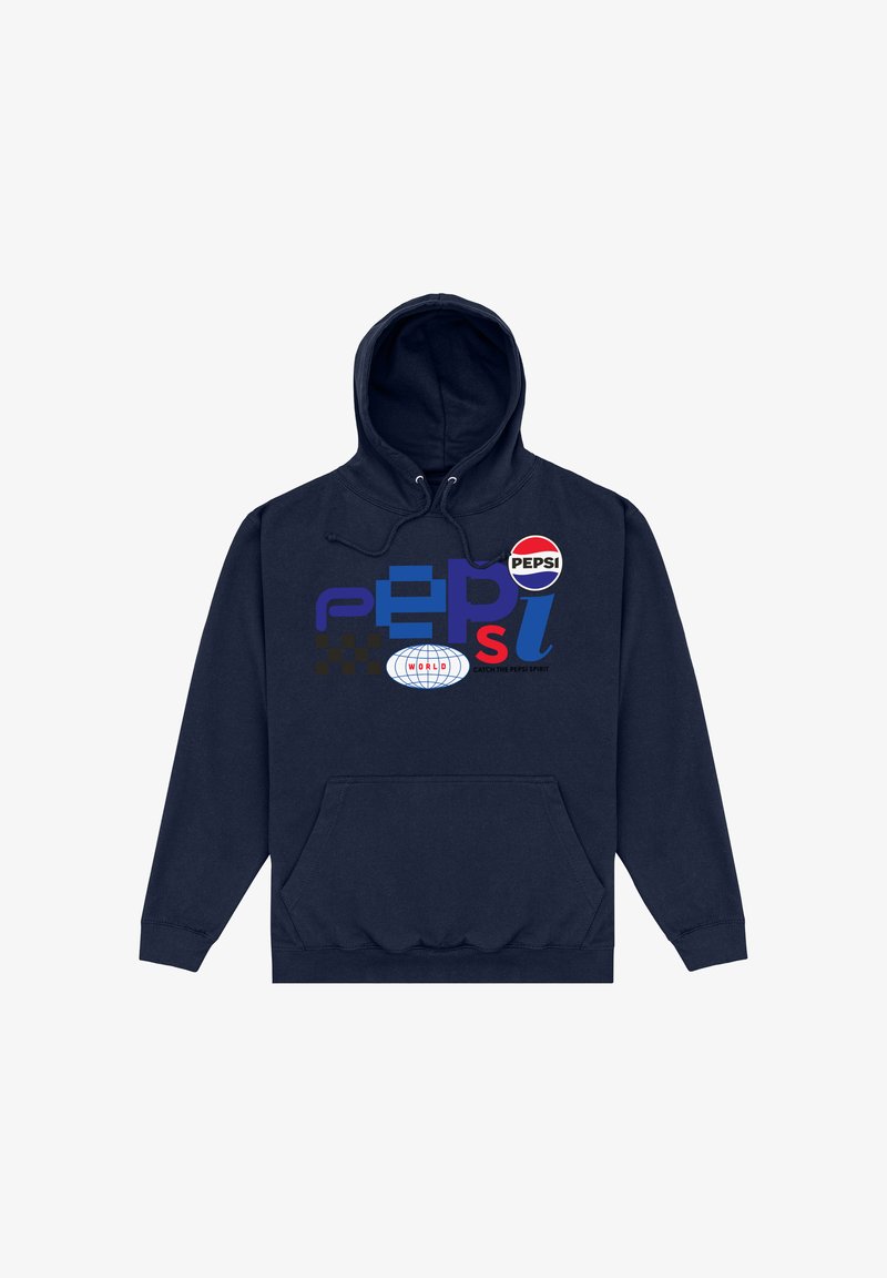Sudadera azul marino con un bolsillo frontal, que presenta un diseño gráfico con elementos de varios colores, incluyendo el logo de Pepsi y acentos en texto.