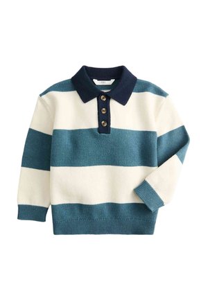 Strikket polo-trøje med marineblå og grønne striber på en hvid bund, fire-knaps stolpelukning samt ribstrikkede manchetter og kant.