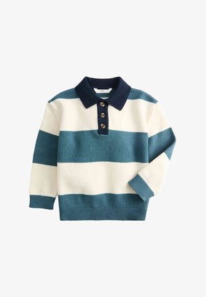 Pull polo en maille avec rayures bleu marine et sarcelle sur une base blanche, patte de boutonnage à quatre boutons, et poignets et ourlet côtelés.