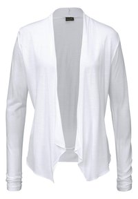 Vit långärmad cardigan i lätt tyg. Öppen framsida med draperad fåll och åtsittande ärmar, inga knappar eller stängningar.