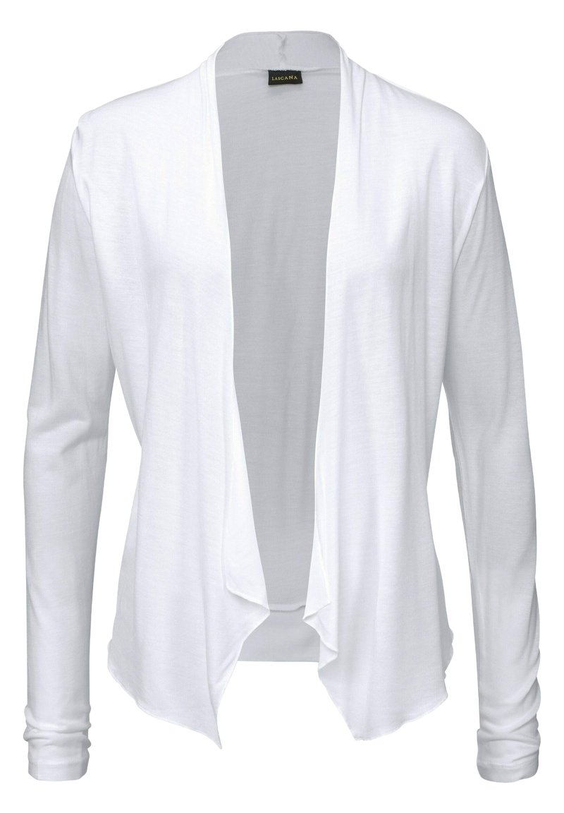 Vit långärmad cardigan i lätt tyg. Öppen framsida med draperad fåll och åtsittande ärmar, inga knappar eller stängningar.