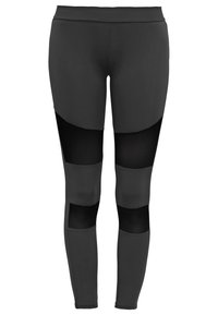 Zwarte leggings met een aansluitend ontwerp, voorzien van mesh uitsparingen langs de bovenbenen en onderbenen voor ventilatie en visueel contrast.