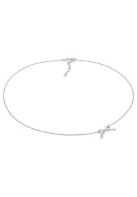 Zilveren ketting met een delicate strik hanger, voorzien van een gladde textuur en verstelbare lengte. Subtiele glans, modern design.