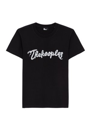 T-shirt noir à manches courtes avec logo texte stylisé blanc "The Kooples" sur la poitrine, col rond et dos uni.