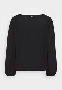 Schwarze Bluse mit langen Ärmeln und quadratischem Ausschnitt, gerafften Ärmeln und einem Knopfdetail im Rücken. Weicher Stoff mit glatter Textur.
