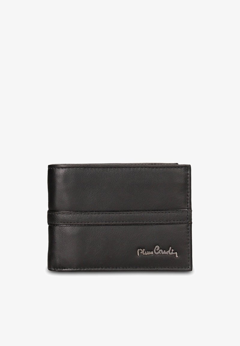 Zwarte leren portemonnee met een gladde textuur, voorzien van twee kaartsleuven en een zilveren signatuurlogo aan de voorkant. Compact rechthoekig ontwerp.