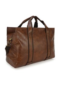 Bruine leren tote bag met twee bovenhandvatten, een afneembare schouderriem en een ritssluiting aan de zijkant. Gestructureerd, ruim ontwerp.