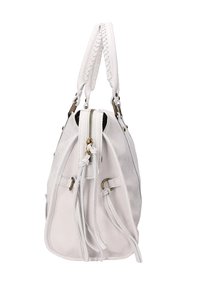 Borsa in pelle bianca con forma arrotondata, chiusura con zip, manico intrecciato e dettagli in oro. Caratterizzata da lacci laterali per la regolazione.
