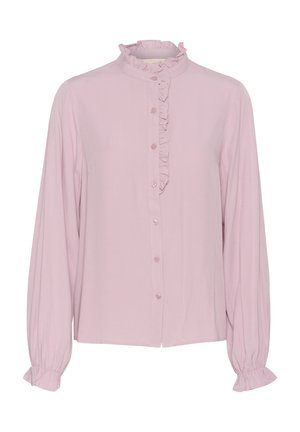 Light pink long-sleeve blouse with a ruffled collar and front placket, featuring button closures and gathered cuffs for a textured finish.