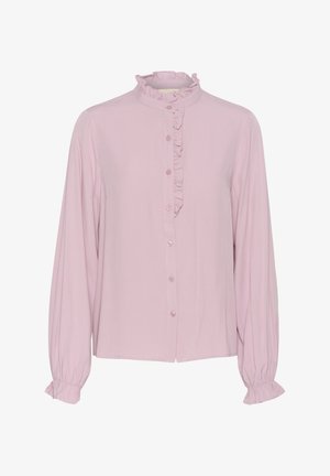 Blusa a maniche lunghe rosa chiaro con colletto arricciato e patta frontale, dotata di chiusure a bottoni e polsini arricciati per un effetto testurizzato.