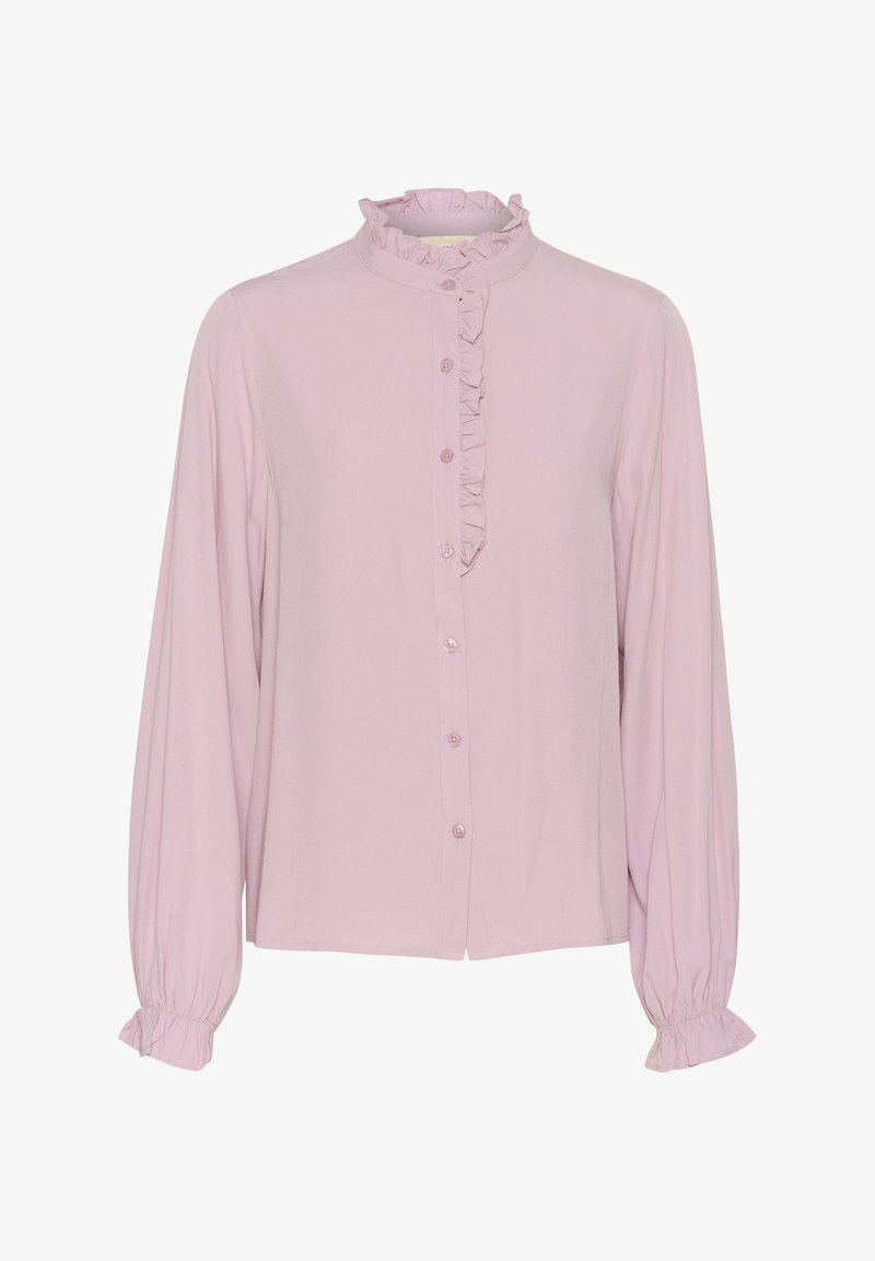 Heledus roosa pikkade varrukatega pluus, millel on volangiga krae ja esine nööpide sulgemisega, samuti gather-viimistlusega mansetid.