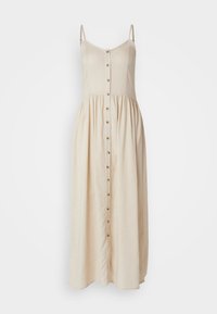 Beige maxi ruha vékony állítható pántokkal, gombos elülső résszel és ráncolt derékkal, amely folyékony sziluettet biztosít. Könnyű anyagból készült.