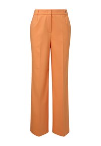 Orange maßgeschneiderte Hosen aus glattem Stoff. Mit hohem Bund, geradem Bein und zwei Vordertaschen. Minimalistisches Design.