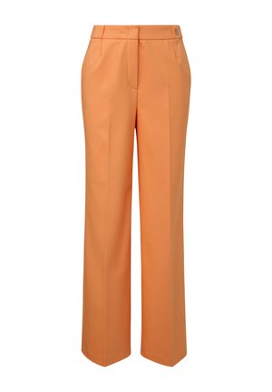 Pantalons ajustés orange, fabriqués à partir d'un tissu lisse. Présentent une taille haute, une coupe droite et deux poches avant. Design minimaliste.