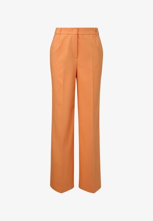Pantaloni su misura arancioni, realizzati in tessuto morbido. Presentano una vita alta, gamba dritta e due tasche frontali. Design minimalista.