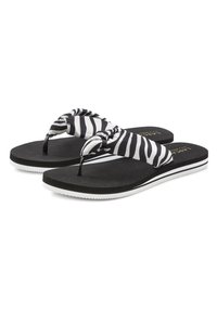 Schwarze Flip-Flops mit gepolsterter Sohle, ausgestattet mit einem gestreiften Stoffriemen in Schwarz und Weiß, einem dünnen Zehensteg und weißen Akzenten.