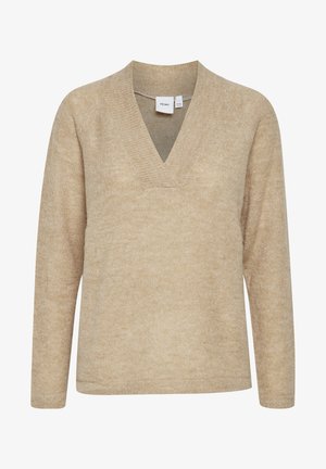 Bežinis megztinis su V formos iškirpte, ilgomis rankovėmis, laisvu siluetu ir minkšta tekstūra. Etiketėse nurodyta prekės ženklas ir medžiagos priežiūros detalės.