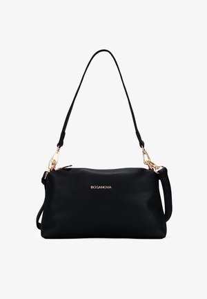 Borsa a tracolla nera in pelle con finitura strutturata, accessori in oro, tracolla regolabile e chiusura con zip. Logo in evidenza.