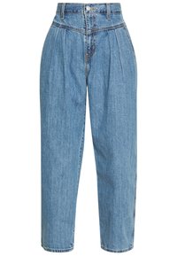 Vaaleansinisiä farkkuhousuja, joissa on rento malli, etupussit, korkea vyötärö, nappikiinnitys ja käänteet lahkeissa.