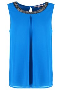 Blouse sans manches bleu vif avec pli devant et encolure ronde ornée de galon perlé noir et argenté.