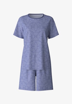 Ensemble débardeur à manches courtes et short en bleu clair avec un motif paisley complexe, fabriqué à partir d'un tissu doux, avec un col rond et une coupe décontractée.