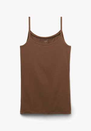 Camiseta sin mangas de algodón marrón con tirantes finos, escote redondeado y dobladillo recto. Textura suave y detalle de costura mínima. Talla S.