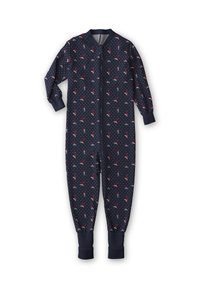 Tutina blu navy con maniche lunghe, caratterizzata da un motivo a pois e dettagli rossi. Polsini a costine e chiusura con zip frontale.
