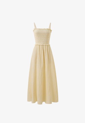 Geel, jurk tot de knie met een strakke, gerimpelde bodice en ruches. Beschikt over dunne bandjes en een gestructureerd ruitpatroon.