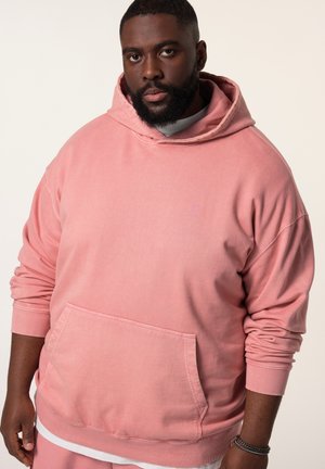 Felpa rosa, design over-size, materiale in cotone, tasca a marsupio, polsini a coste, dettaglio logo discreto sul petto, vestibilità rilassata, texture morbida.
