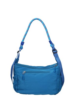 Borsa a tracolla blu con tasca frontale con zip, tracolla regolabile e manico intrecciato in corda con motivo blu e viola.
