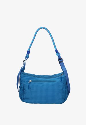 Sac bandoulière bleu avec poche zippée à l'avant, sangle réglable et poignée en corde tressée avec motif bleu et violet.