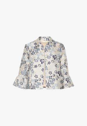 Blumenmusterjacke in Blau- und Goldtönen, aus strukturiertem Stoff mit ausgestellten Ärmeln. Das kragenlose Design verleiht einen modernen Touch.