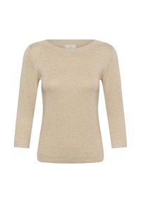 Pull beige à manches longues avec un large col rond. Confectionné en maille douce, il présente une coupe ajustée et une texture subtile.