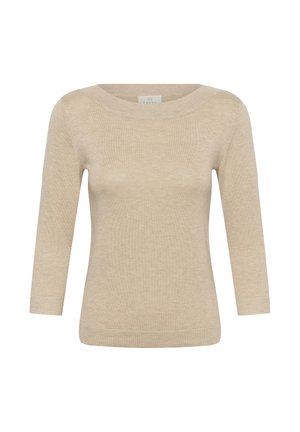 Pull beige à manches longues avec un large col rond. Confectionné en maille douce, il présente une coupe ajustée et une texture subtile.