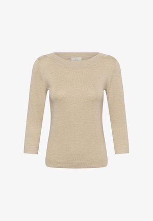Bézs színű, hosszú ujjú pulóver széles, kerek nyakkivágással. Puha kötött anyagból készült, karcsúsított fazonnal és finom textúrával.