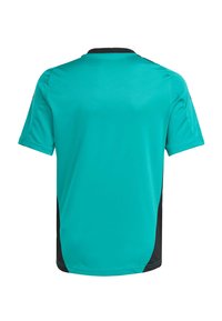 T-Shirt mit kurzen Ärmeln in Teal mit einem schwarzen Seitenpanel, aus leichtem, glattem Material. Verfügt über einen runden Kragen und eine normale Passform.