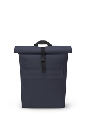 Dark blue roll-top backpack with front pocket, black buckle closure, and carry handle on a white background.