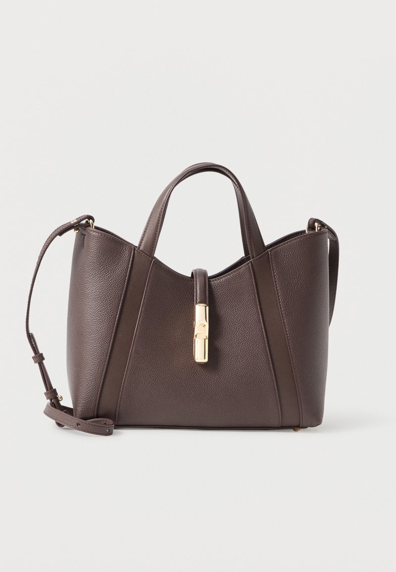 Brown leather handbag with structured design, dual short handles, and detachable shoulder strap. Features a gold-tone clasp detail.