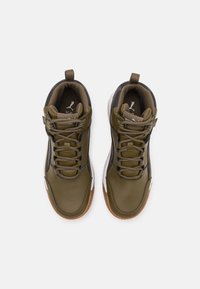 High-top sneakers in olive green leather, featuring black accents, brown rubber sole, and unique lacing system. Cushioned interior for comfort.