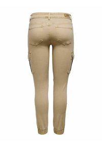 Khaki cargo pants with a fitted design, featuring two side pockets, elasticated cuffs, and a smooth textured fabric.