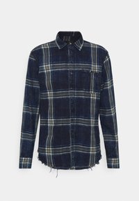 Laivastonsininen ja kerma-valkoinen ruudullinen paita, pitkät hihat, napillinen, vasemmassa rinnassa tasku ja kulunut helma alareunassa. Puuvillamateriaalia.