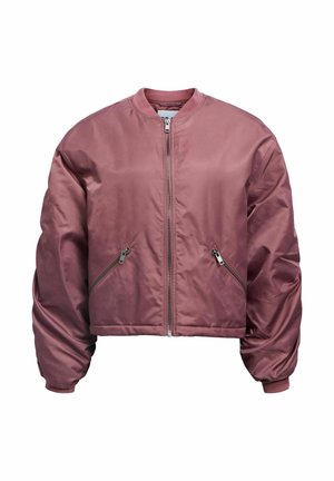 Chaqueta bomber corta en malva, confeccionada con tela satinada suave. Cuenta con cierre frontal con cremallera, bolsillos laterales y puños elásticos.
