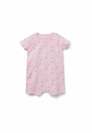 Grenouillère rose clair pour bébé, manches courtes, avec de petits cœurs pastel bleus, jaunes et roses dispersés, fermetures à pression en bas.
